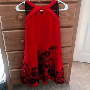 Red with Black flowers, Dress, Hanging straps